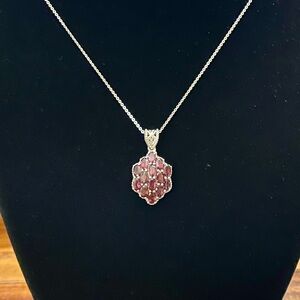 Red Garnet Sterling Silver Cluster Pendant With Chain
